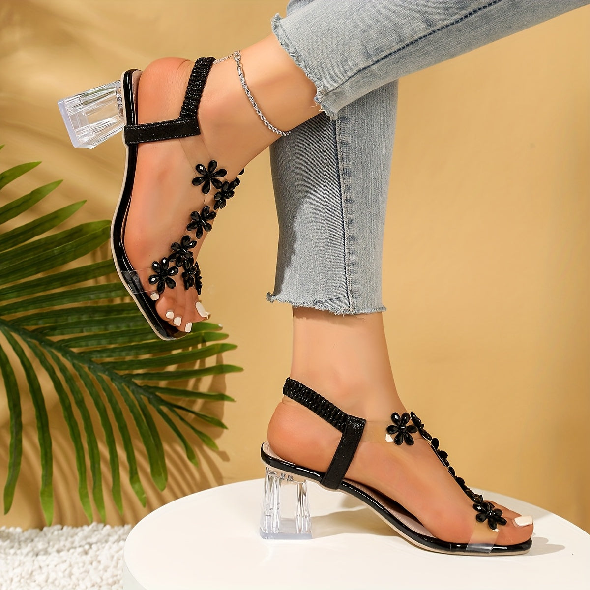 Women's PU Open-Toe Block Heel Sandals with Ankle Strap, Dressy Casual