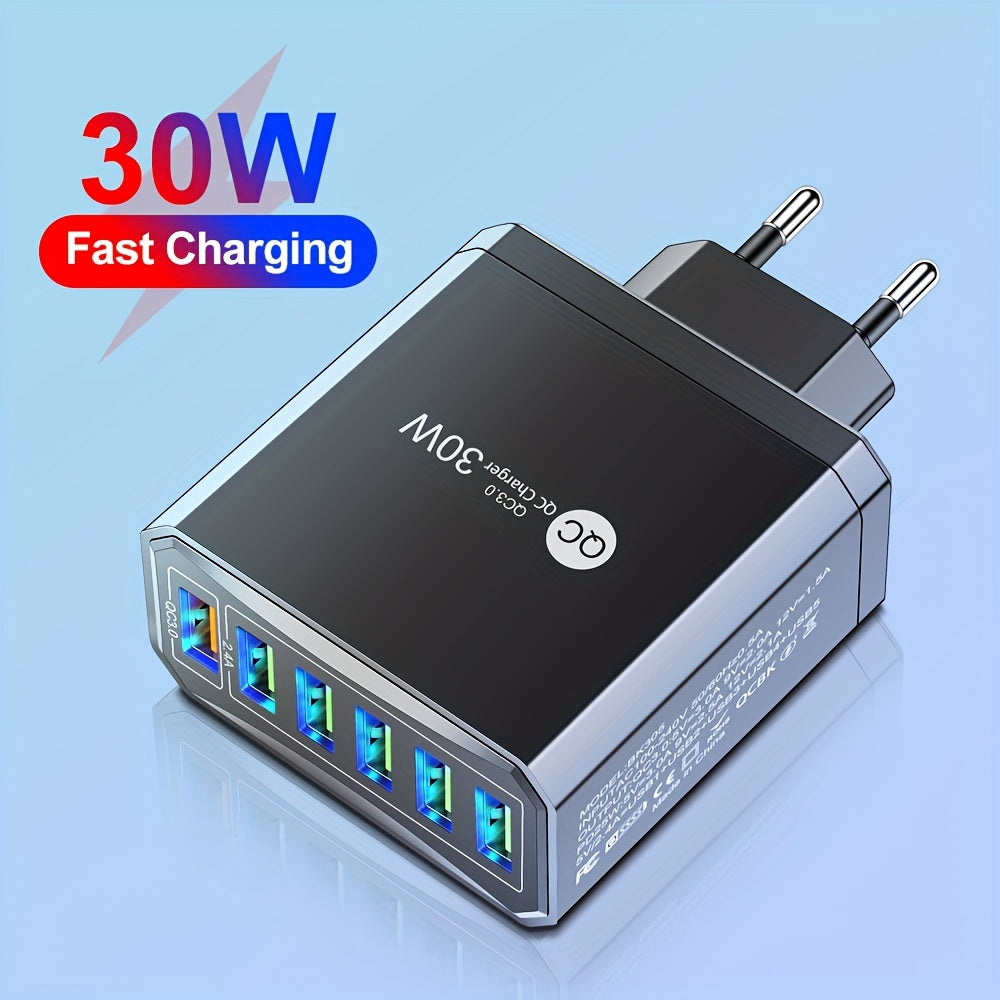 Cargador de teléfono con carga rápida USB de 6 puertos de 30W para iPhone y Samsung