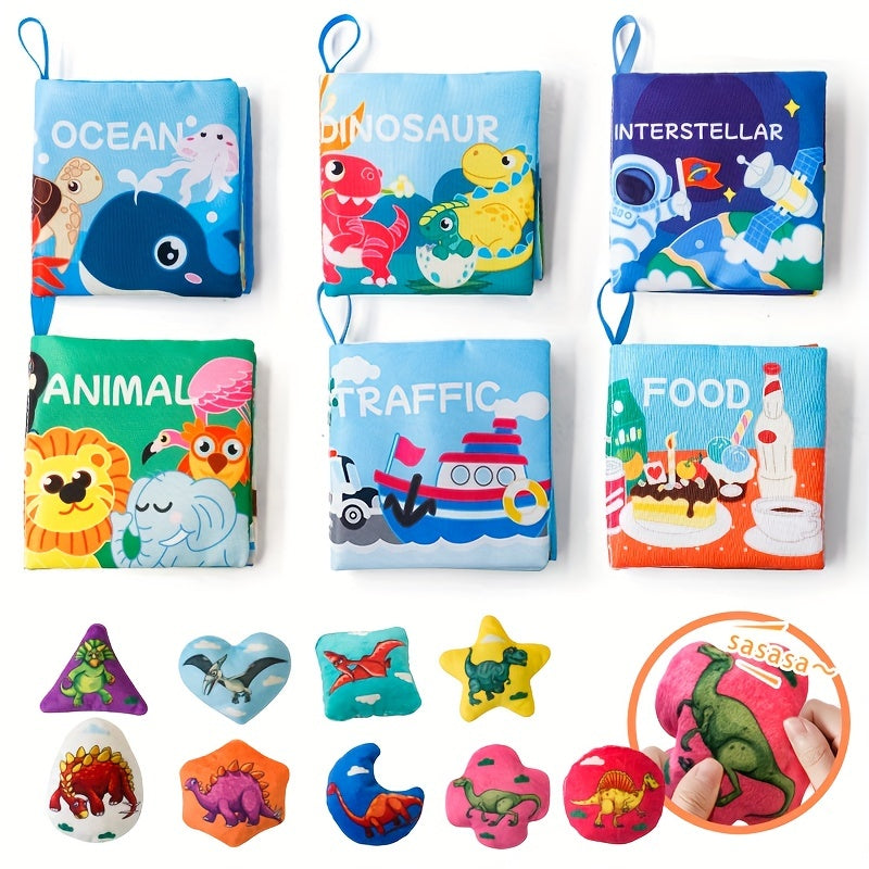 6-Piece Baby Cloth Puzzle Book with Rustling Sounds Ocean Food Animals Space Dinosaurs Traffic
