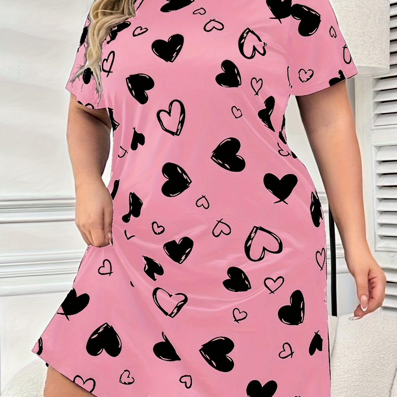 Plus Size Women's Sleep Dress Short Sleeve Heart Print Lounge Wear Pink Red