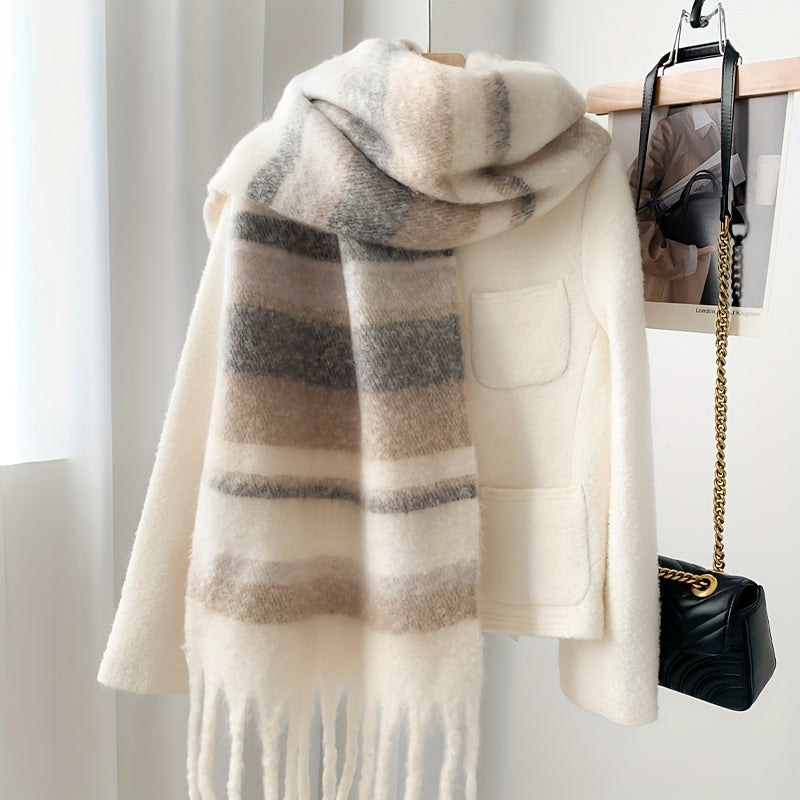 Cozy Striped Chunky Scarf for Couples Warm Windproof Autumn Winter Polyester Shawl