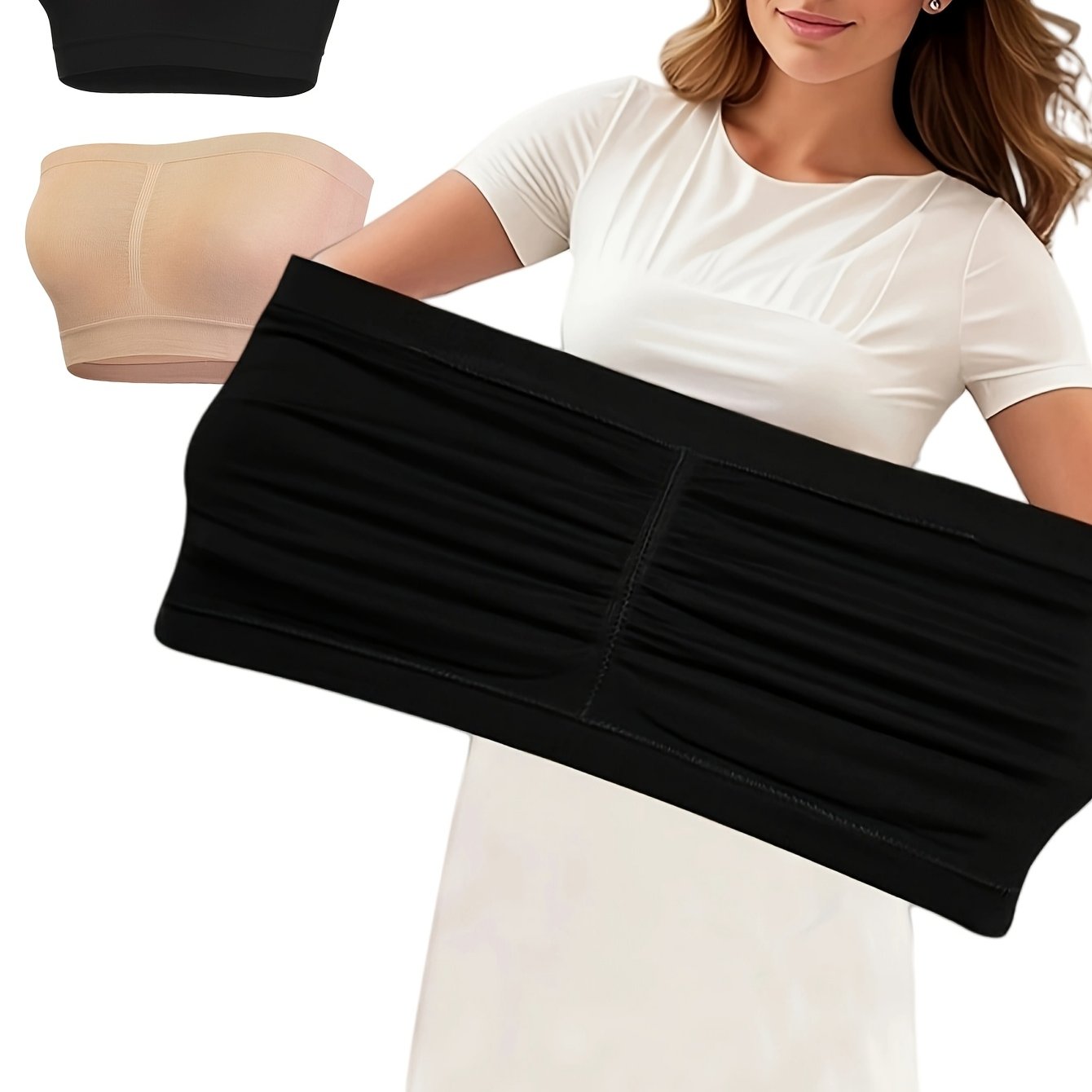 Women's Seamless Strapless Bandeau Bras Solid Color No Padding Medium Stretch 2 Pack