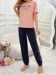 Women's Casual Lounge Set with Letter Print Short Sleeve Top and Jogger Pants