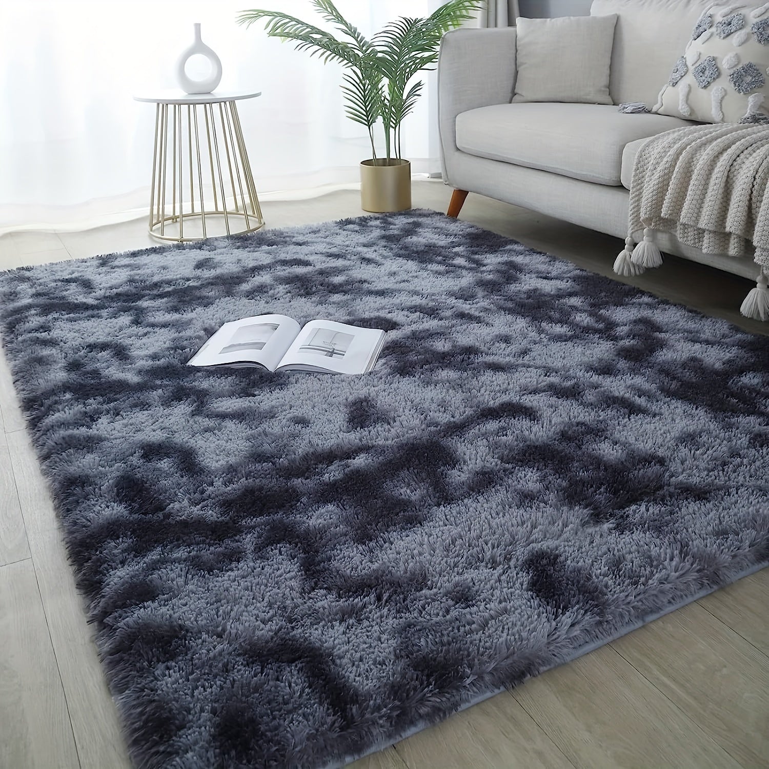 Rectangle Shag Plush Rug Dark Gray Tie-Dye Non-Slip Area Rug for Living Room Bedroom