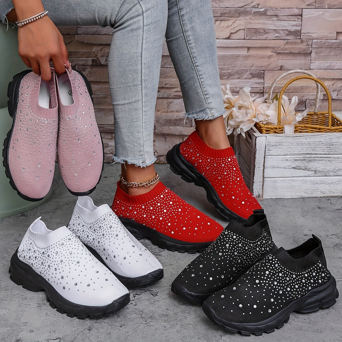 Women's Slip-On Sneakers with Rhinestone Embellishments Fabric Upper EVA Sole