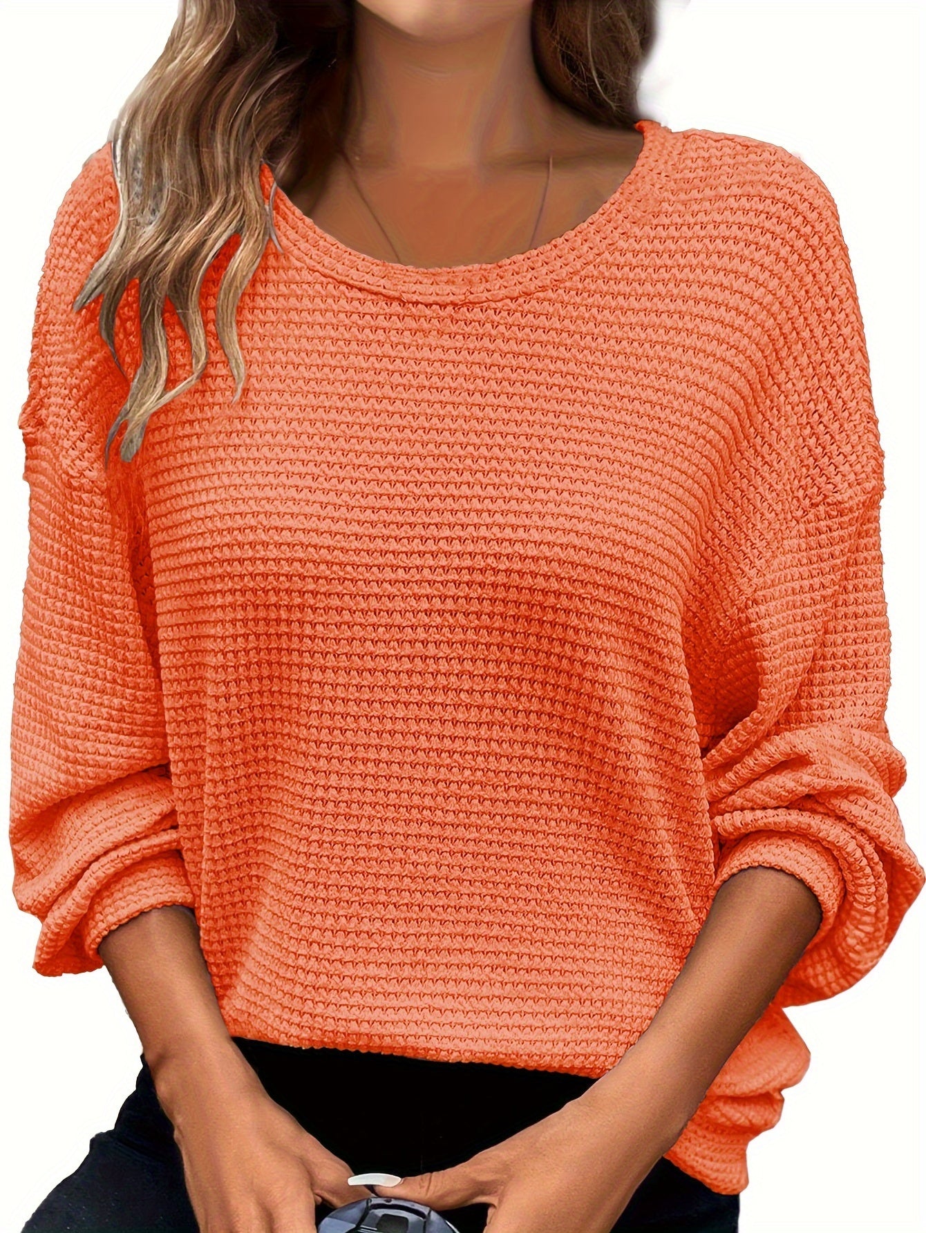 Plus Size Waffle Knit Crew Neck Sweatshirt Women's Long Sleeve Fall Winter