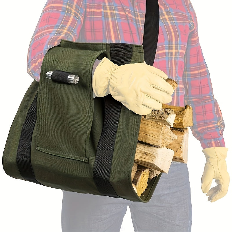 Heavy-Duty Canvas Firewood Storage Bag with Adjustable Shoulder Strap and LED Flashlight