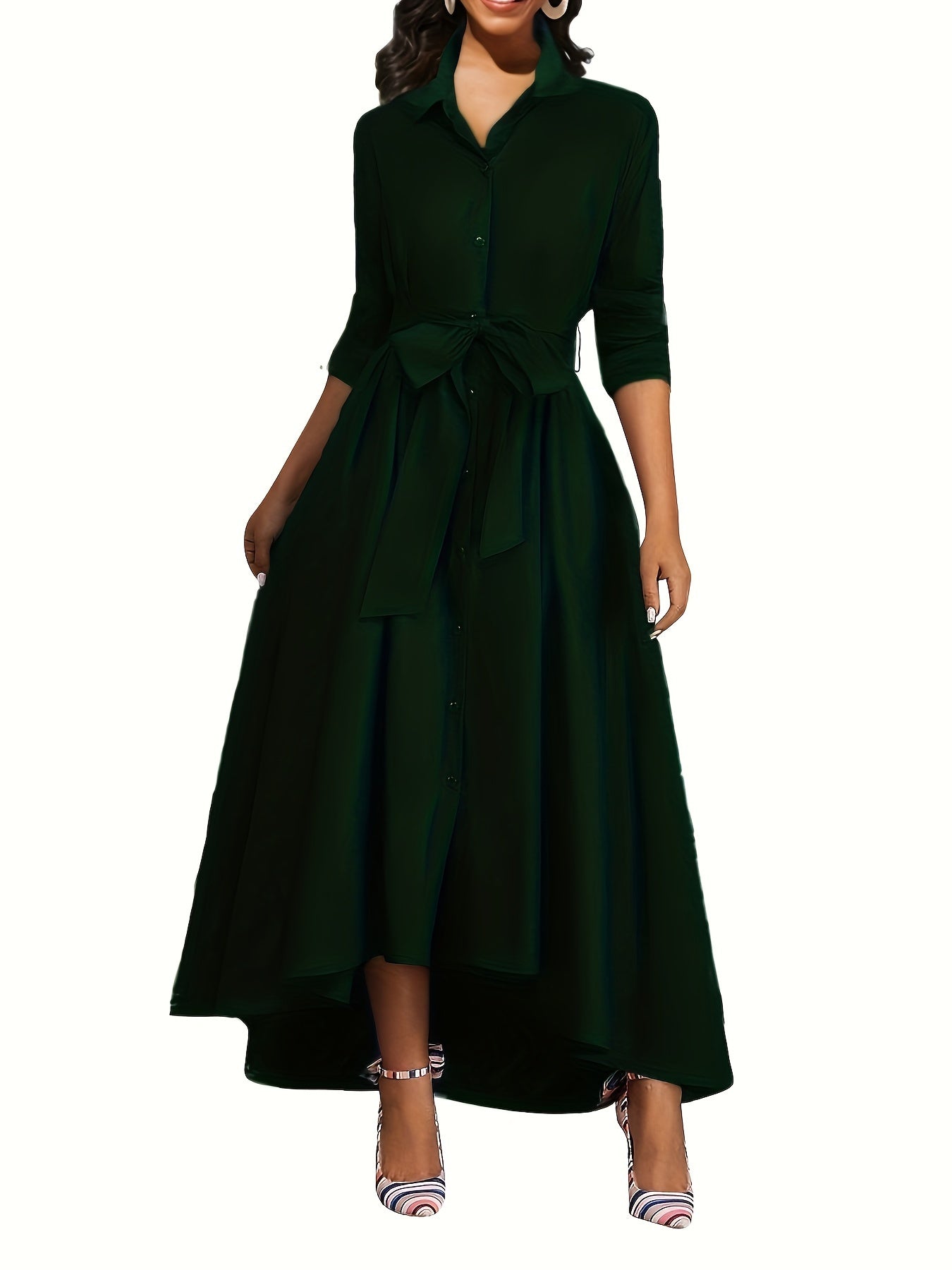 Green Midi Dress for Women Long Sleeve Belted Button-Up Collar Casual Fall Winter
