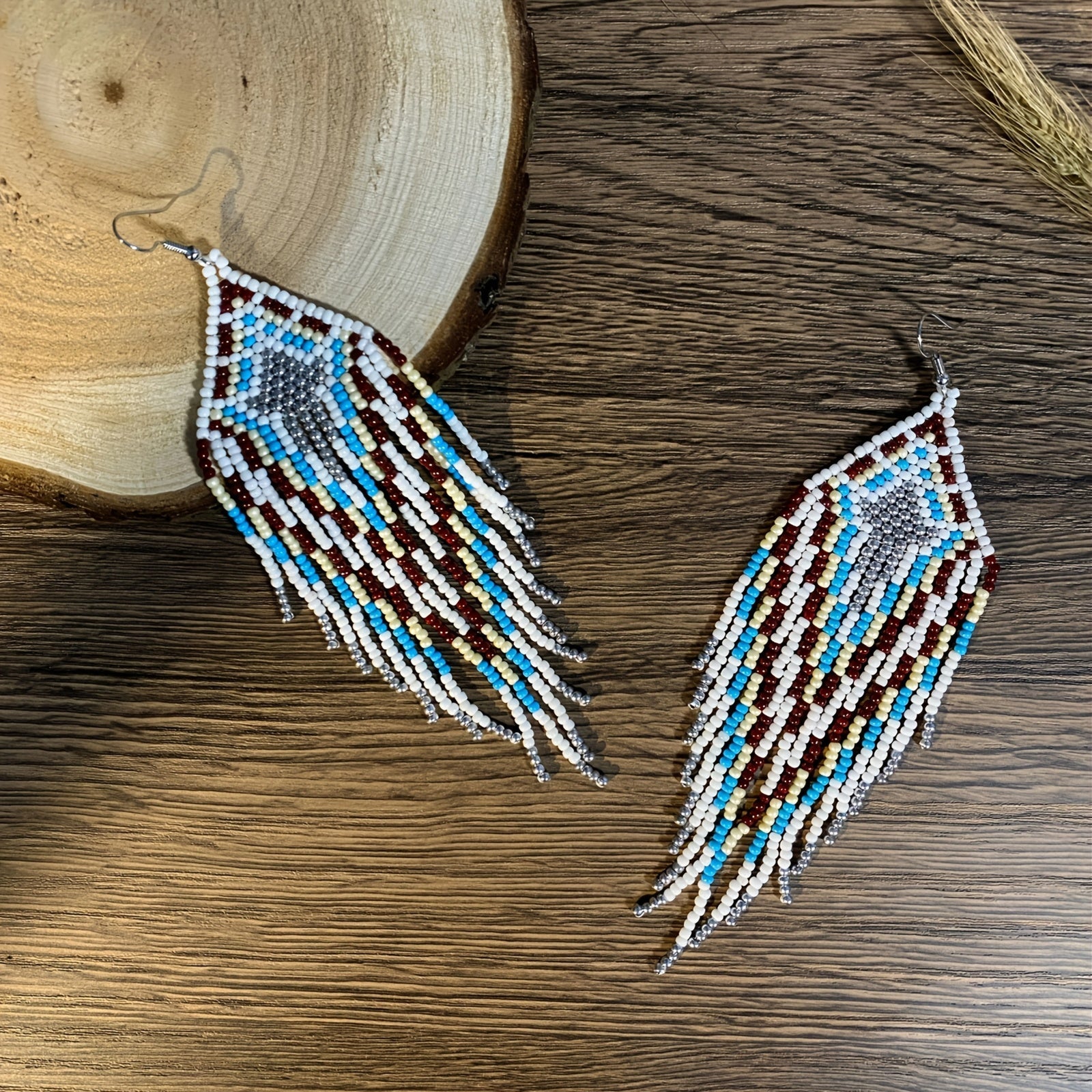 Boho Beaded Earrings with Blue Multi-Color Charm Beads and Tassels for Women