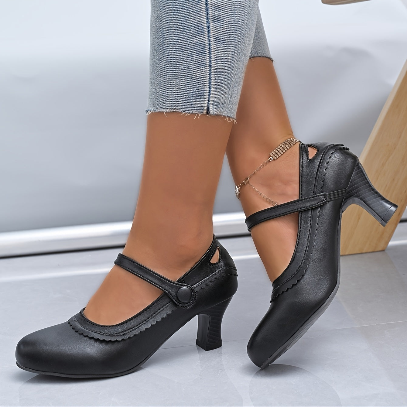 Women's Synthetic Chunky Mid-Heel Pumps with Round Toe and Decorative Strap