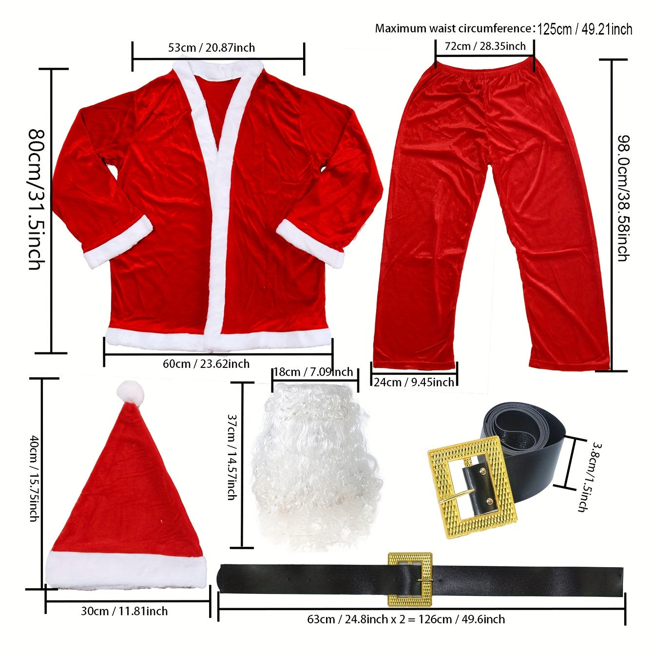 Stylish Santa Claus Costume 5-Piece Red Coat Trousers Hat Beard for Holiday Dress Up