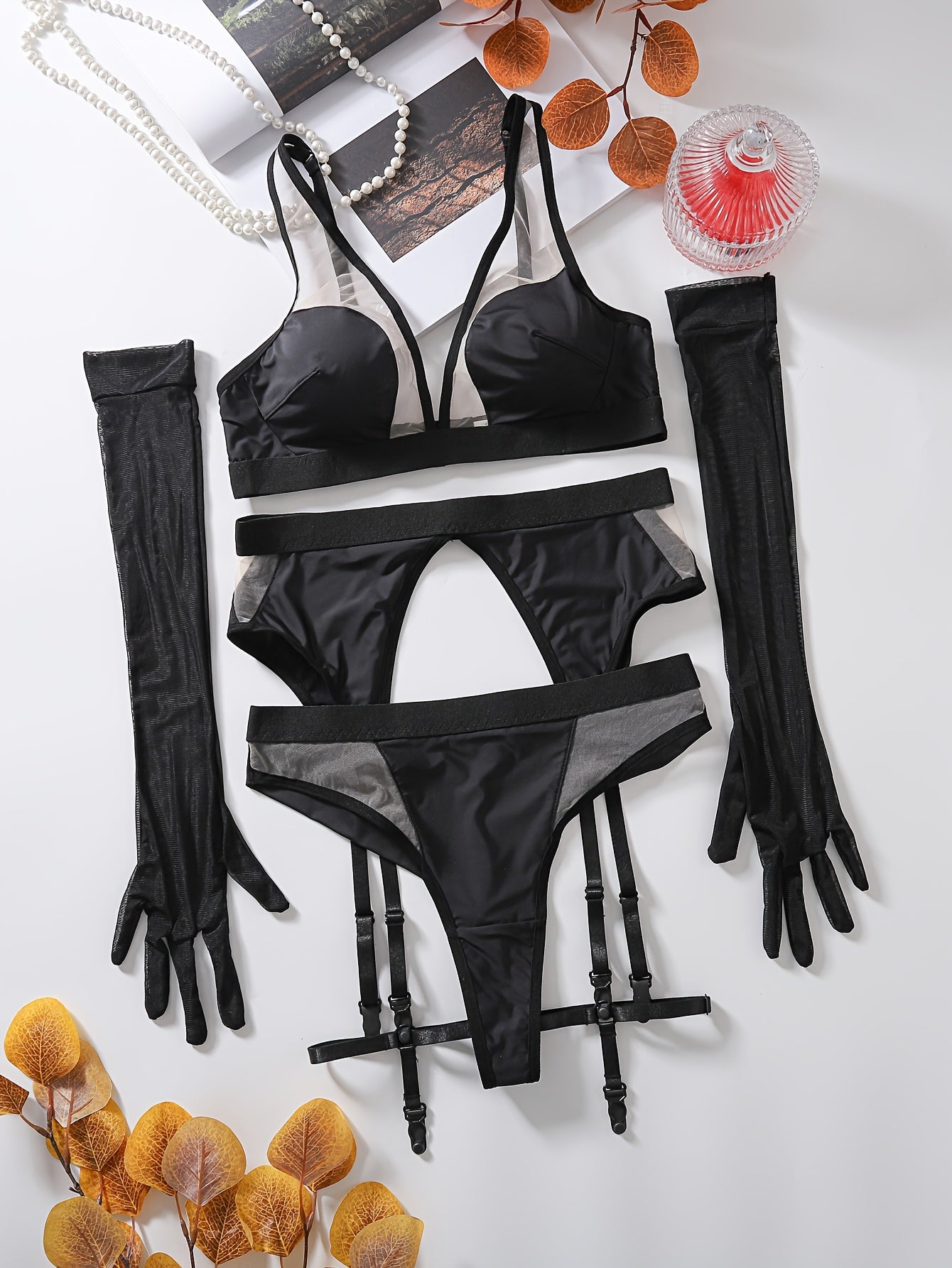Women’s Mesh Patchwork Sexy Gloves Set for Party and Fashion