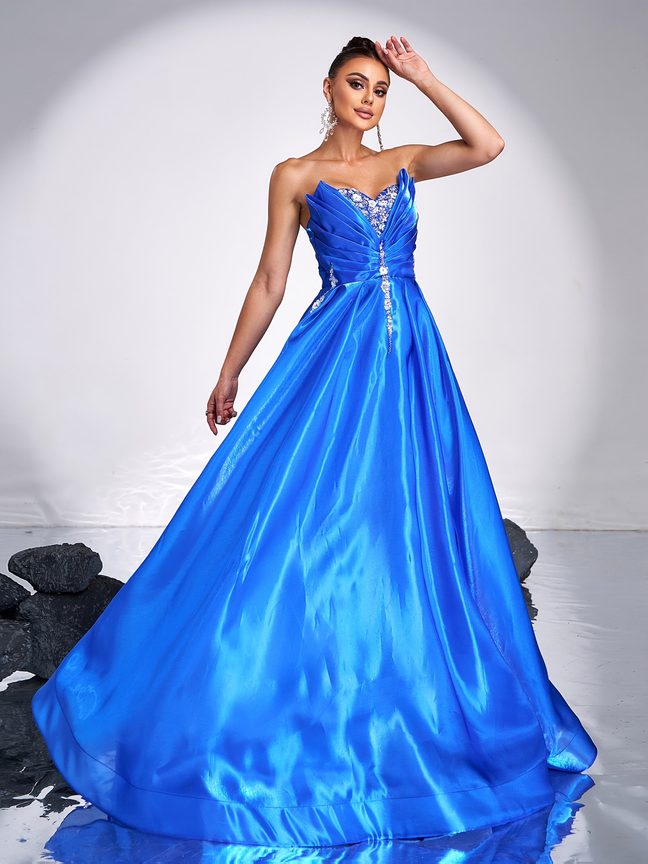 Women's Royal Blue Satin Evening Dress with Rhinestone Details and Backless Design
