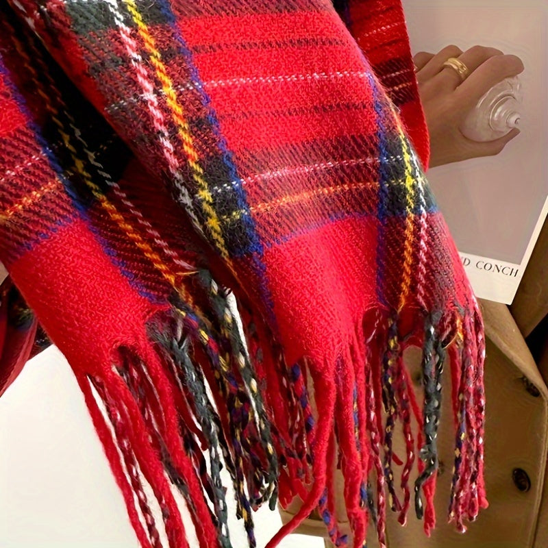 Women's Red Plaid Faux Cashmere Scarf with Tassel, Two-Way Wear, Breathable Polyester