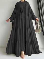Chiffon Abaya with Lantern Sleeves Belt Ruffle Asymmetrical Hem for All Seasons