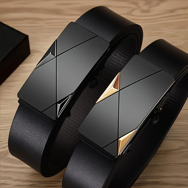 Men's Black Casual Leather Belt with Automatic Buckle for Jeans and Business Attire