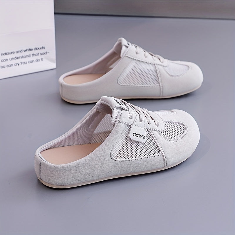 Women's Beige Slip-On Sneakers Breathable Mesh Summer Casual Flats