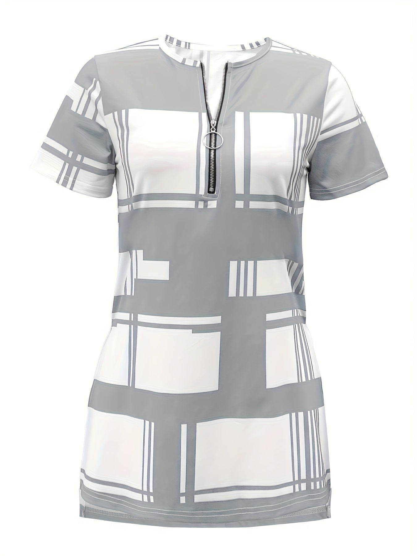 Women's Summer Purple Plaid Short Sleeve T-Shirt with Zipper and Side Slit