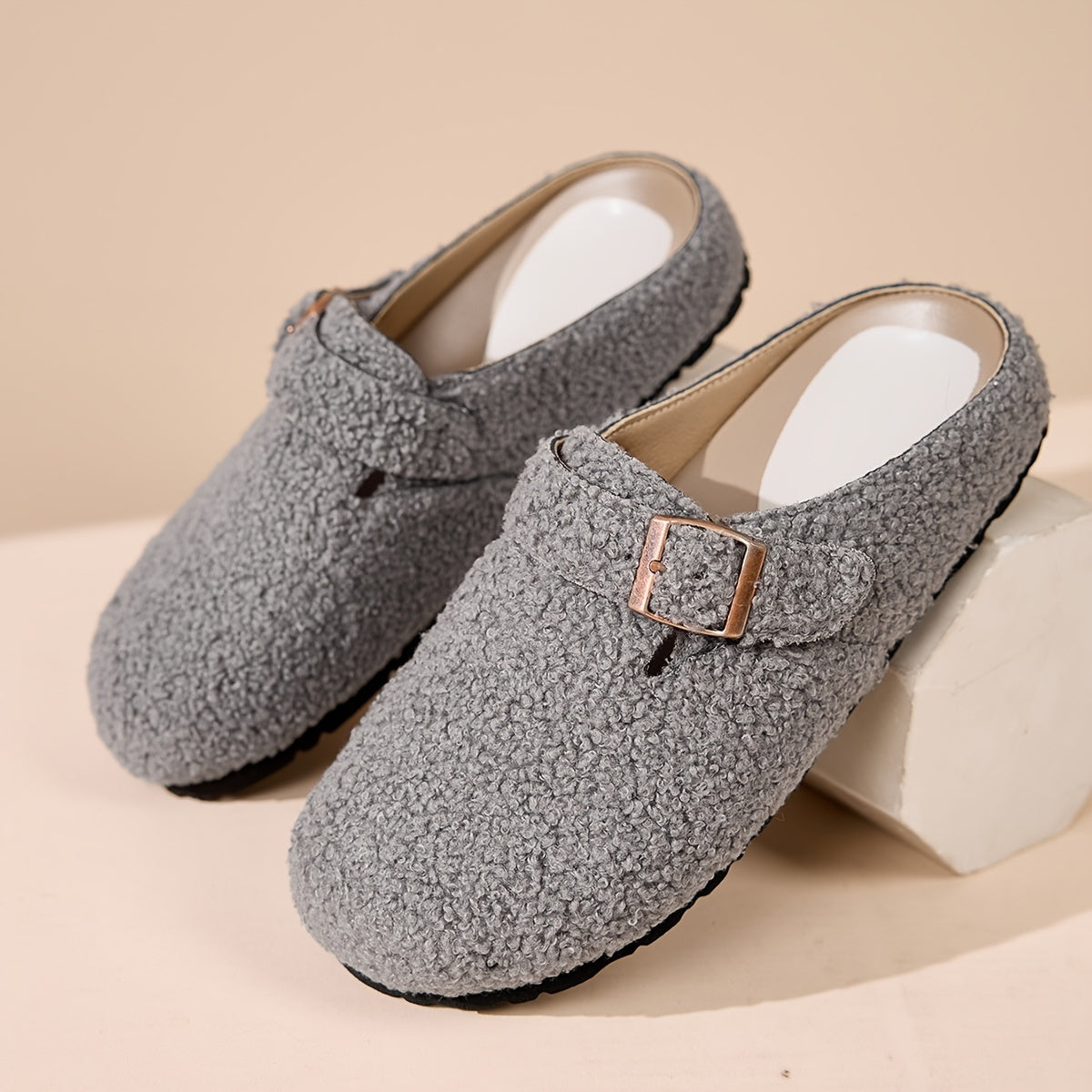 Women's Plush Mule Slippers with Adjustable Buckle Non-Slip Sole Indoor Outdoor