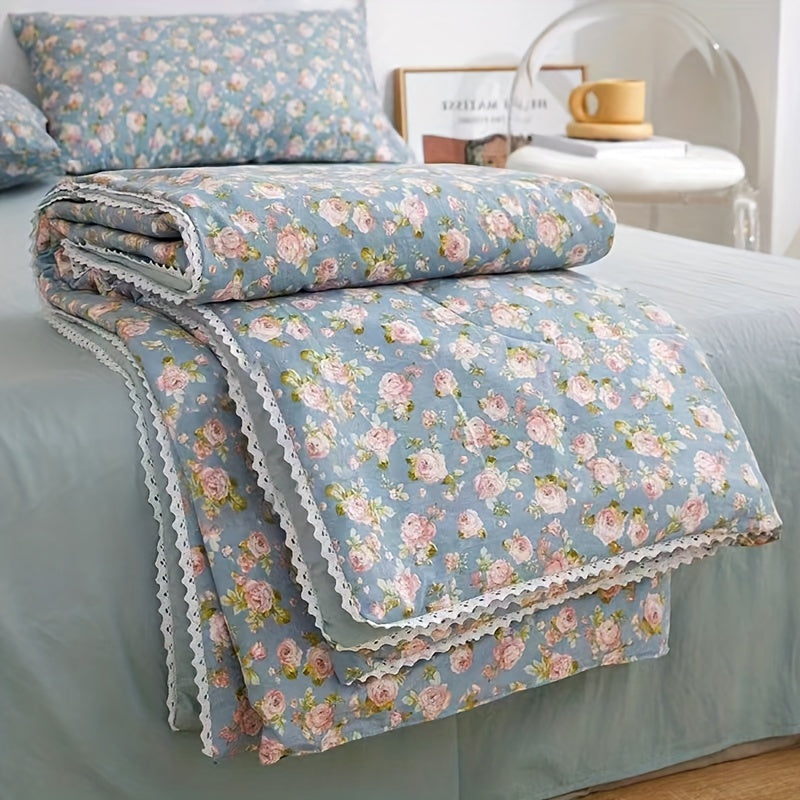 Floral and Fruit Pattern Quilt Bedspread with Scalloped Edge Soft Liner All-Season Polyester Bedding