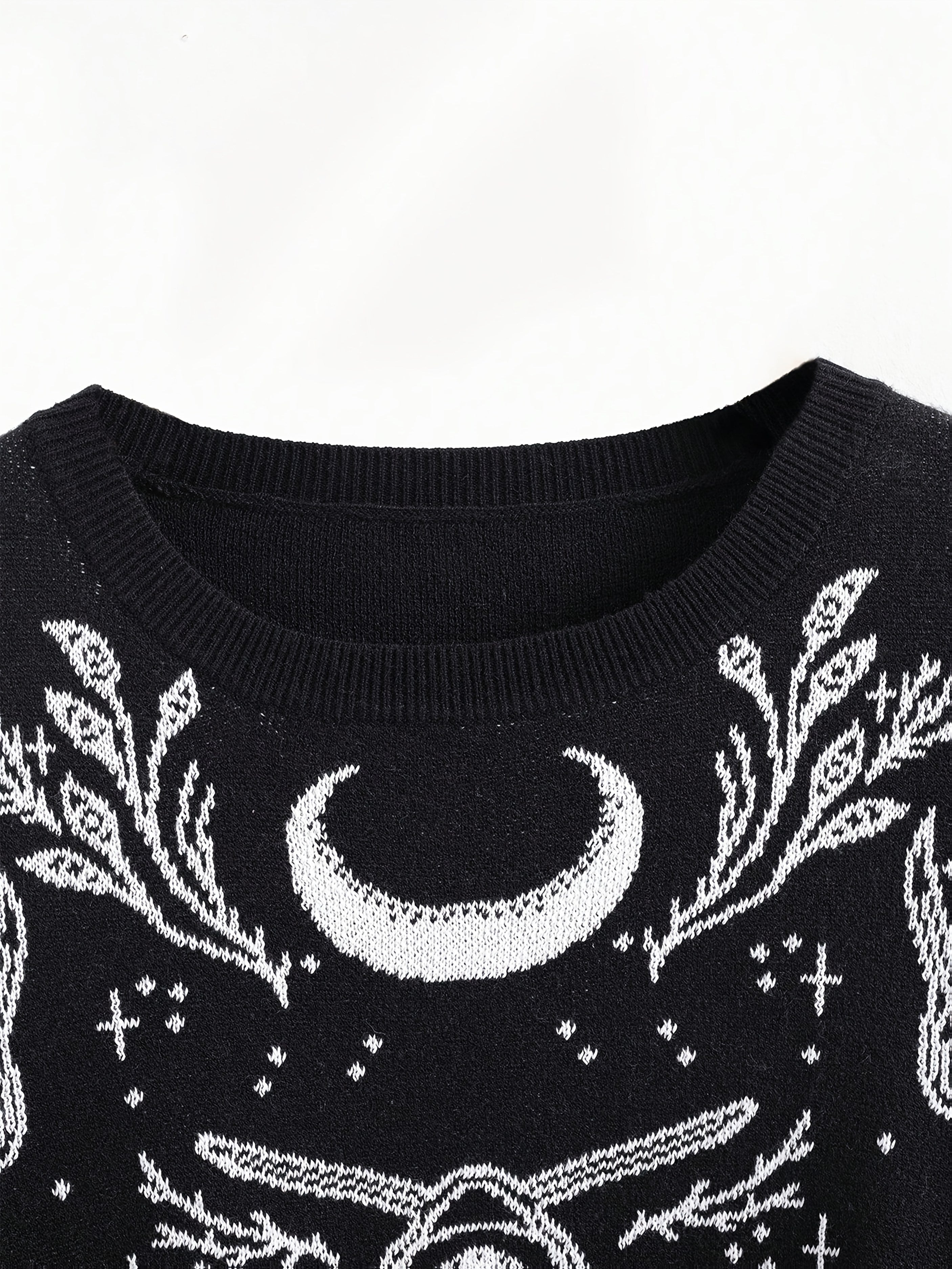 Women's Plus Size Gothic Boho Sweater Long Sleeve Black and White Fall Winter Tops