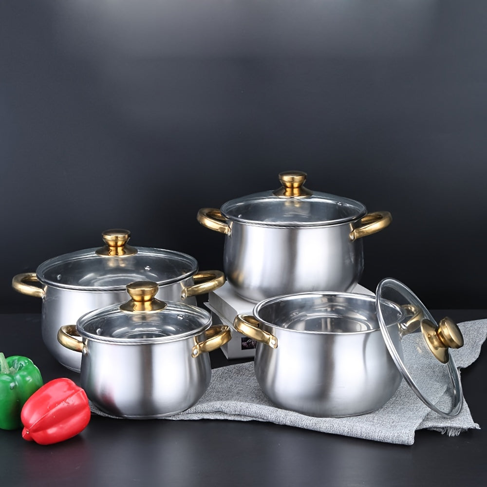 Set of Soup Pots with Golden Handles and Curved Bottoms