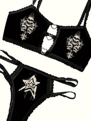 Skull Star Print Lace Trim Lingerie Set with Bra and Thong