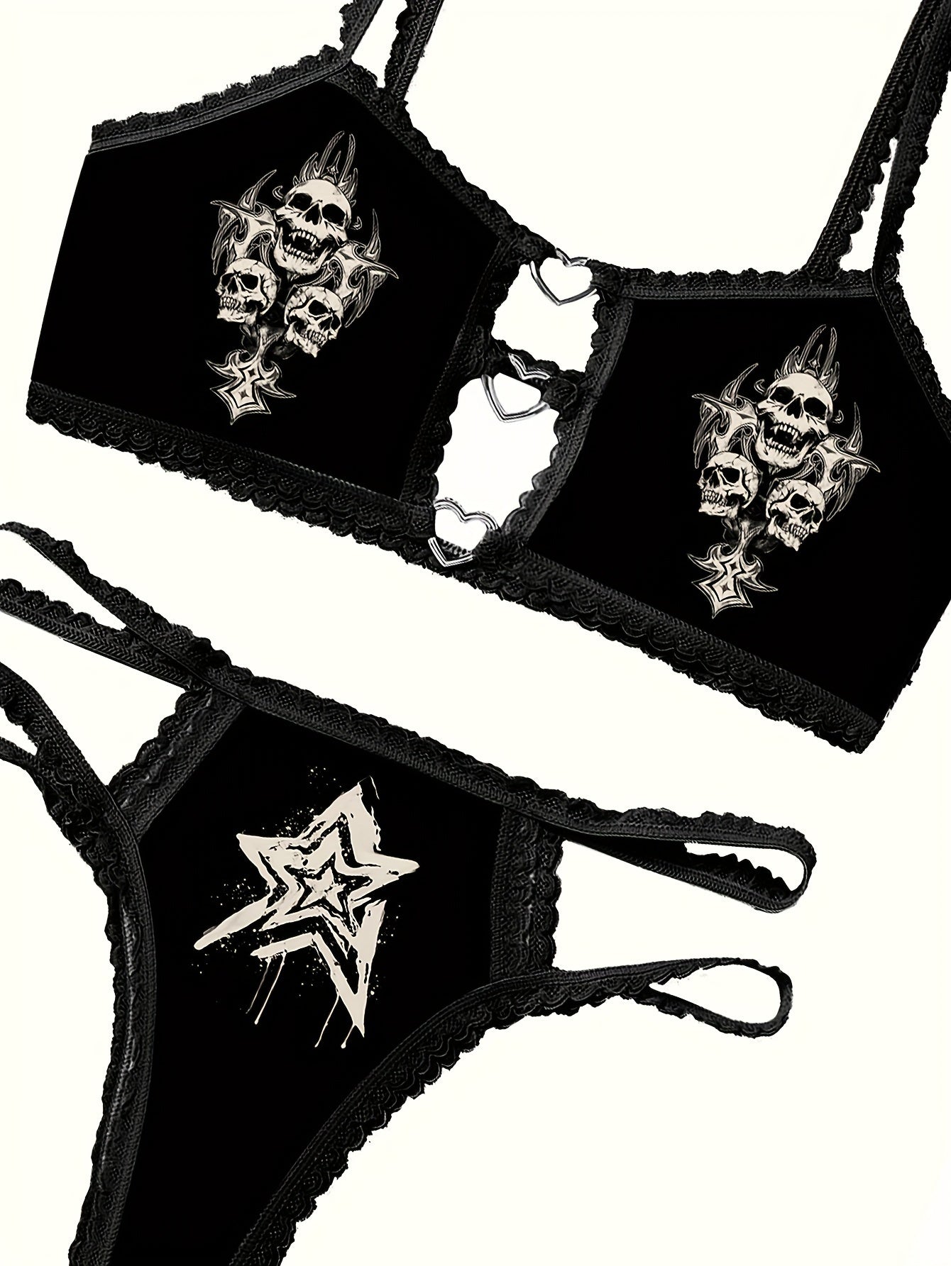Skull Star Print Lace Trim Lingerie Set with Bra and Thong