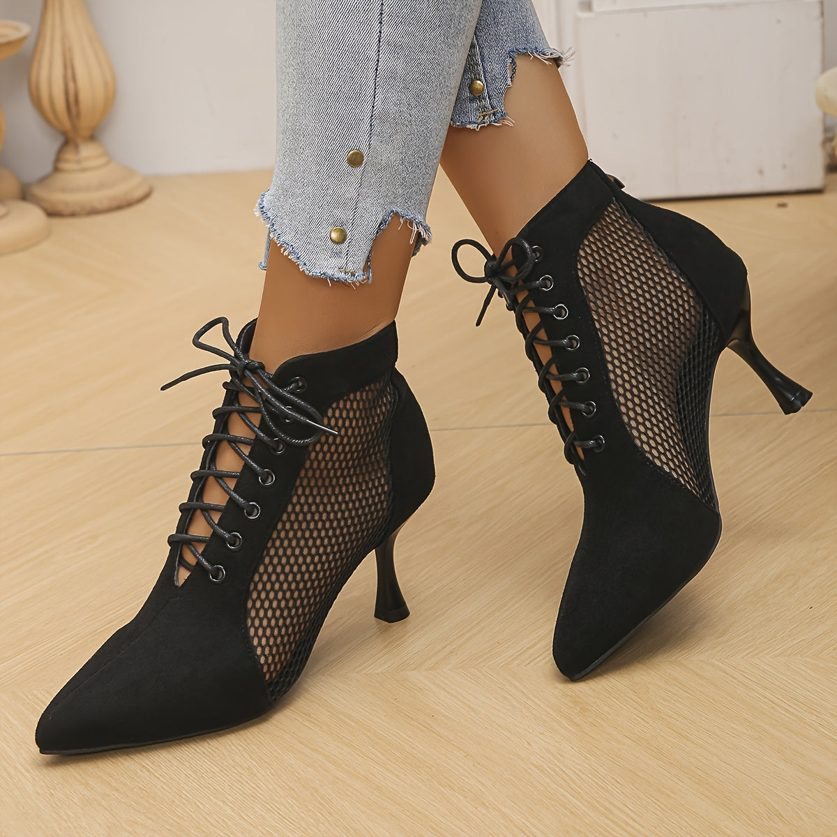 Women's Black Mesh Ankle Boots Pointed Toe Lace-Up Stiletto Heels