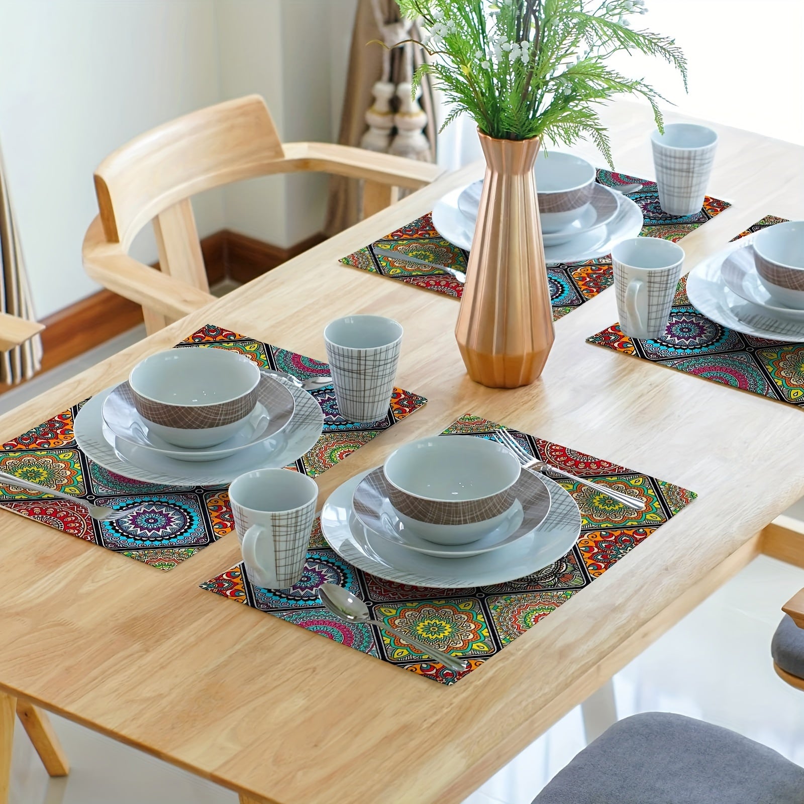 Set of 4 Boho Mandala Placemats with Mexican Ethnic Patterns and Geometric Designs
