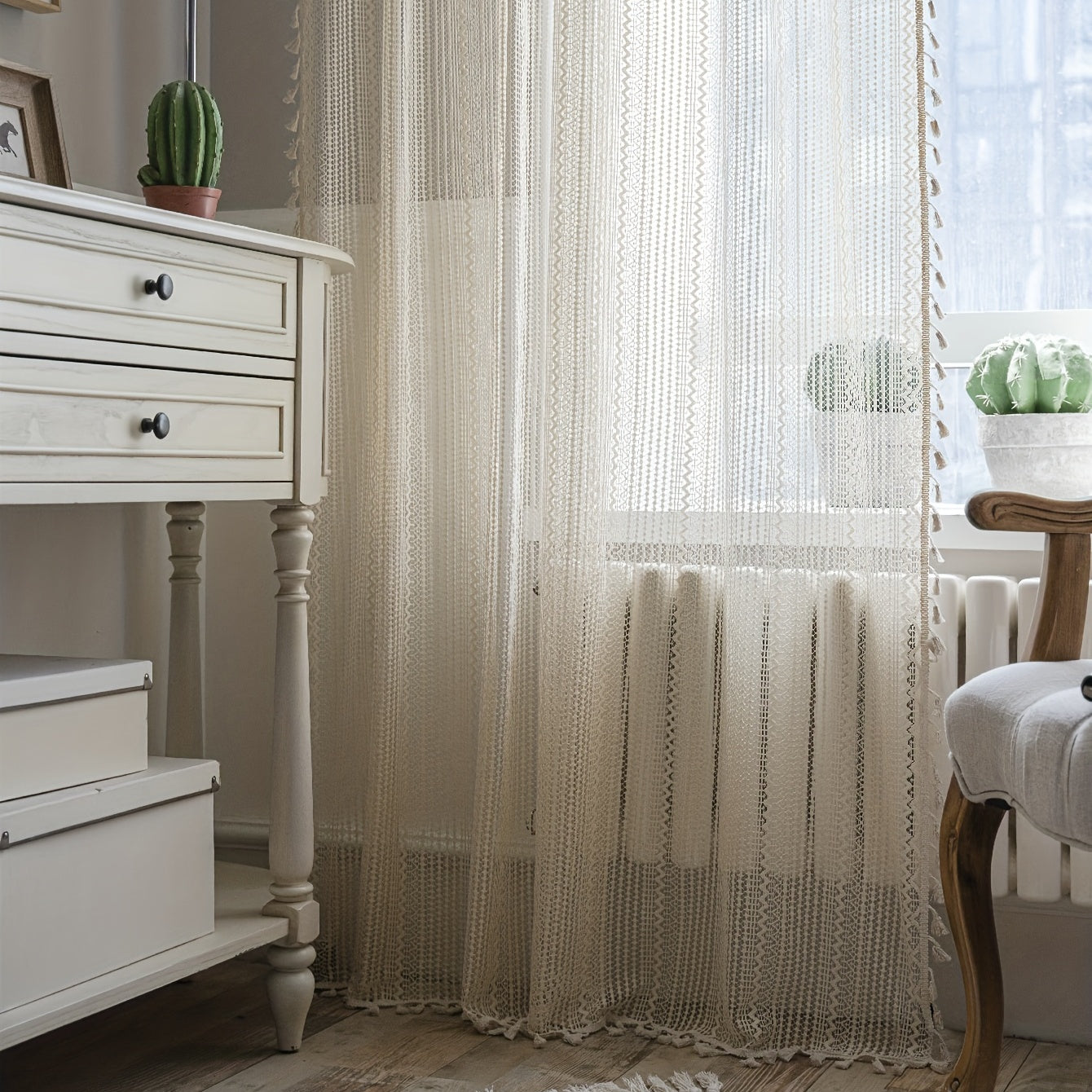 Beige Crochet Fringe Curtain UV Protection Rod Pocket for Living Room Bedroom