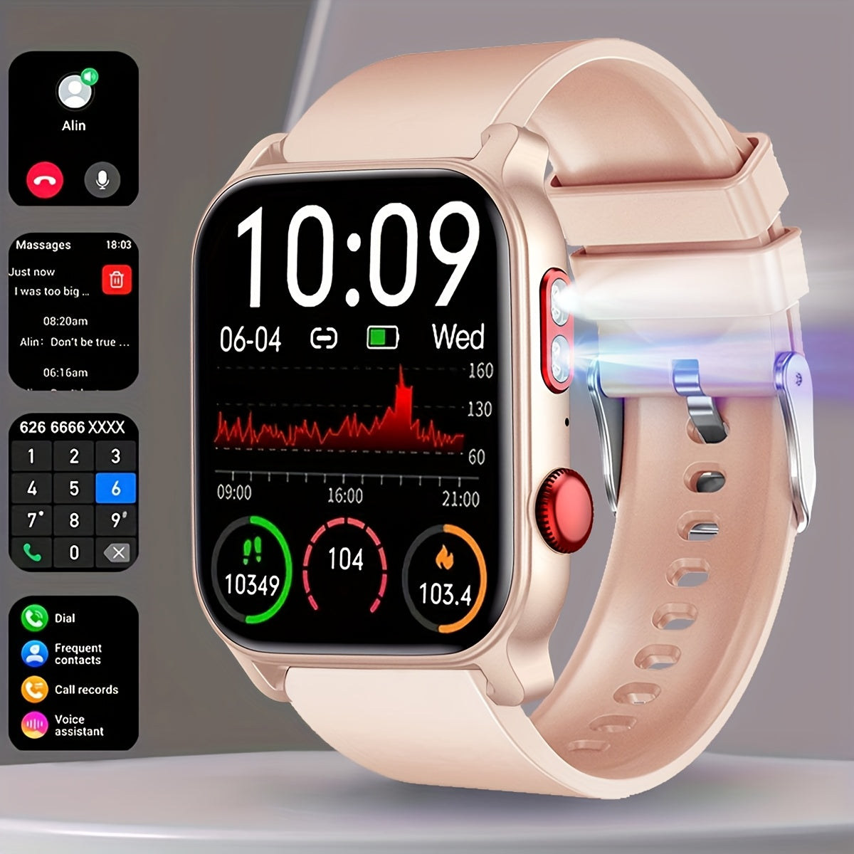 1 Умные часы с IPS-экраном 4,65 см, беспроводными вызовами и набором номера, встроенным светодиодным фонариком, аккумулятором с USB-зарядкой, более 100 спортивными режимами, силиконовым ремешком, для мужчин и женщин, совместимы с