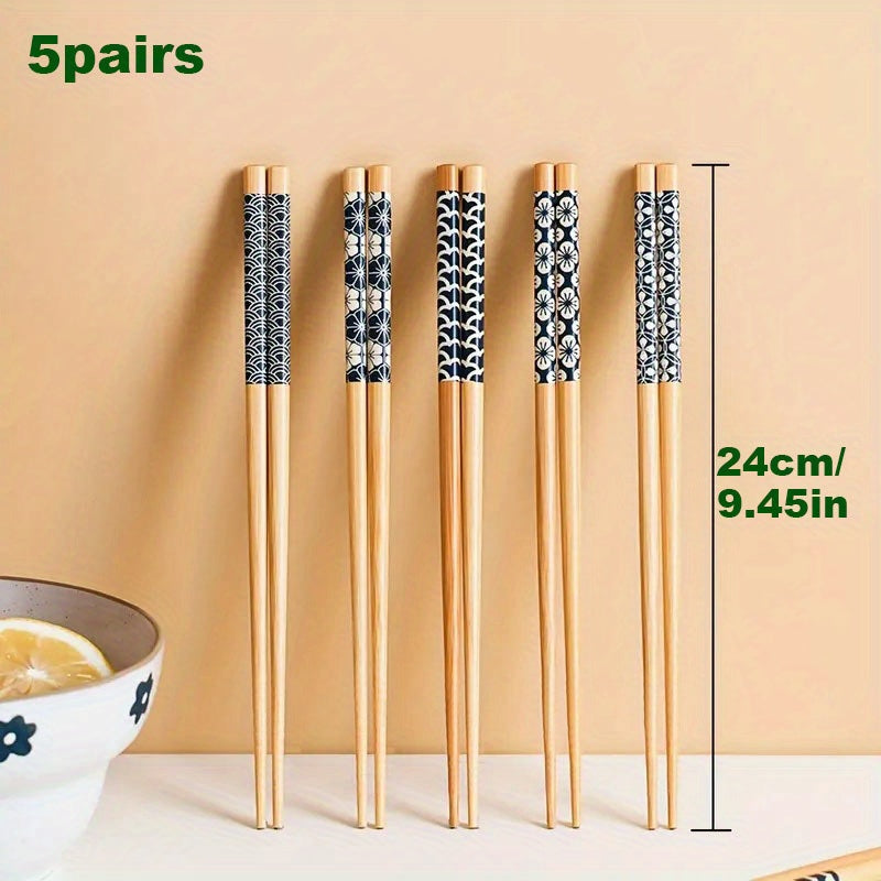 Set of 5 Reusable Bamboo Chopsticks Multicolor Non-Slip Lightweight Dishwasher Safe