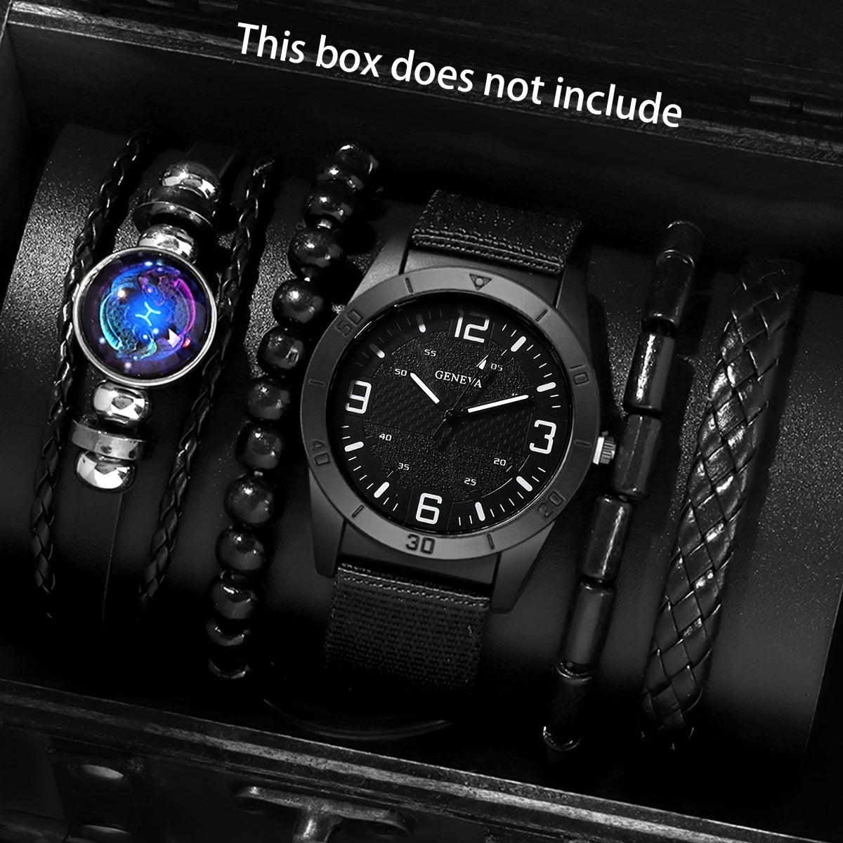 Men's Vintage Quartz Wristwatch Set with Round Dial Alloy Case Canvas Strap Wooden Bead Bracelet