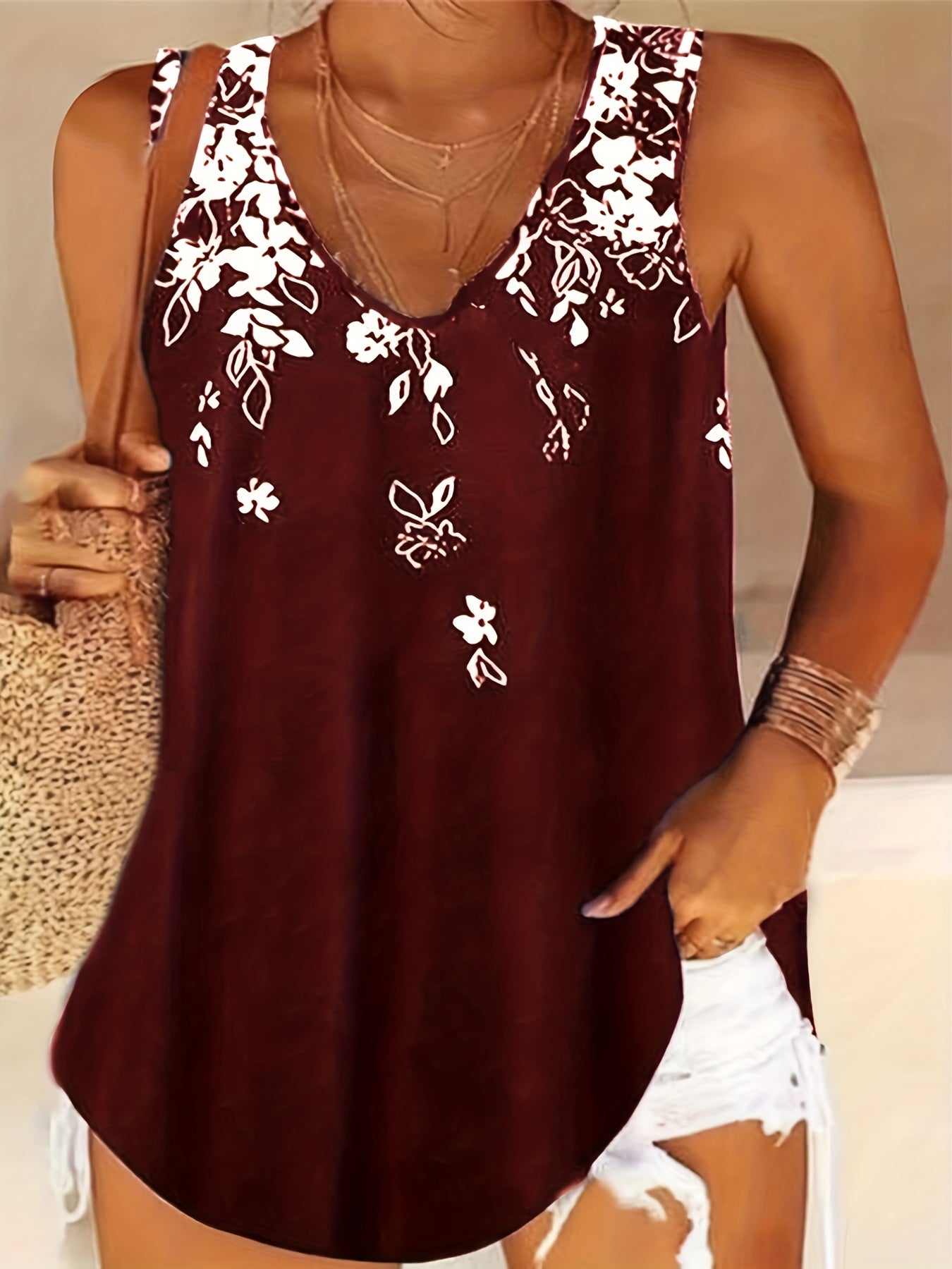 Plus Size Women's Floral Print V Neck Tank Top Casual Stretch Sleeveless