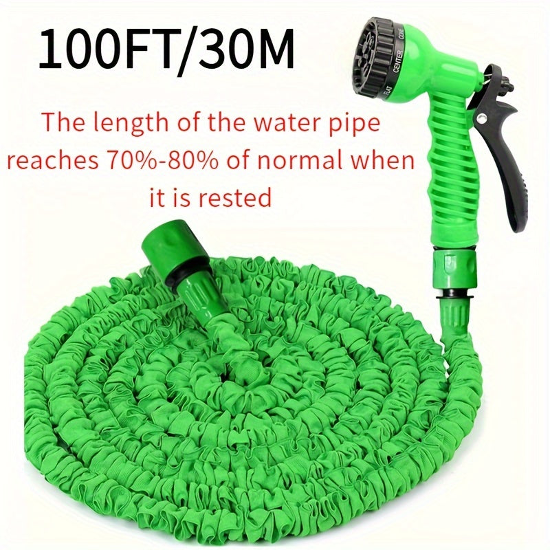 Expandable Green Rubber Garden Hose 30ft with High-Pressure Spray Gun and Anti-Kink Nozzle