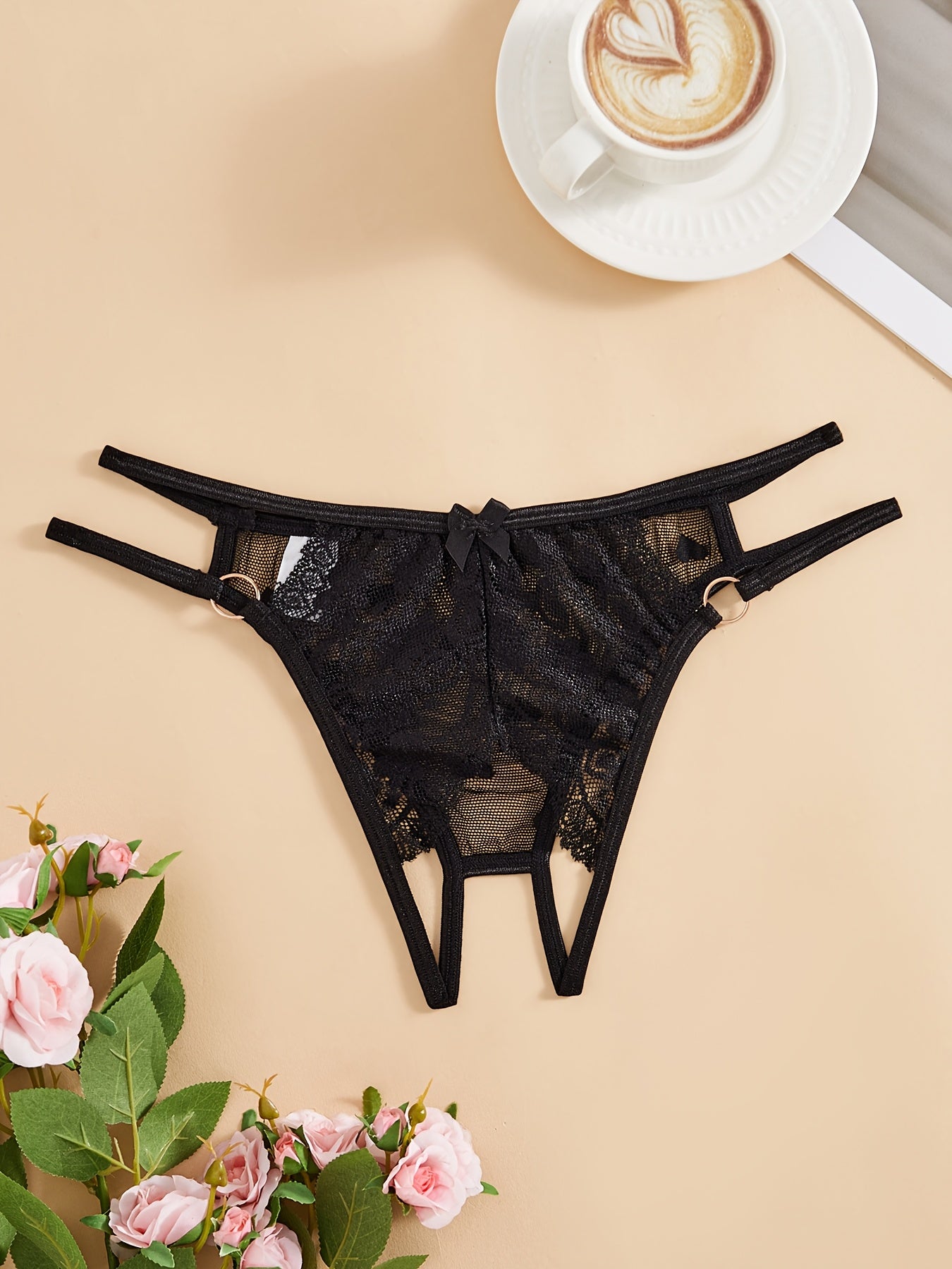 Panties de encaje sin entrepierna para mujer, ropa interior sexy en triángulo