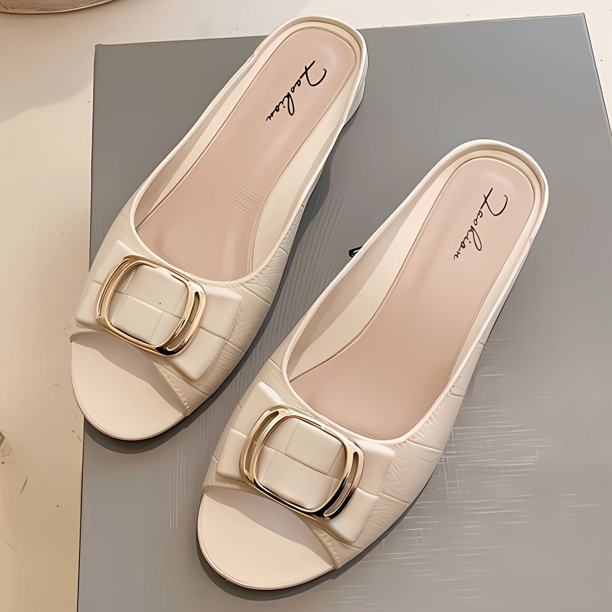 Women's Summer PVC Slide Sandals Open Toe Black with Gold Buckle Non-Slip Sole