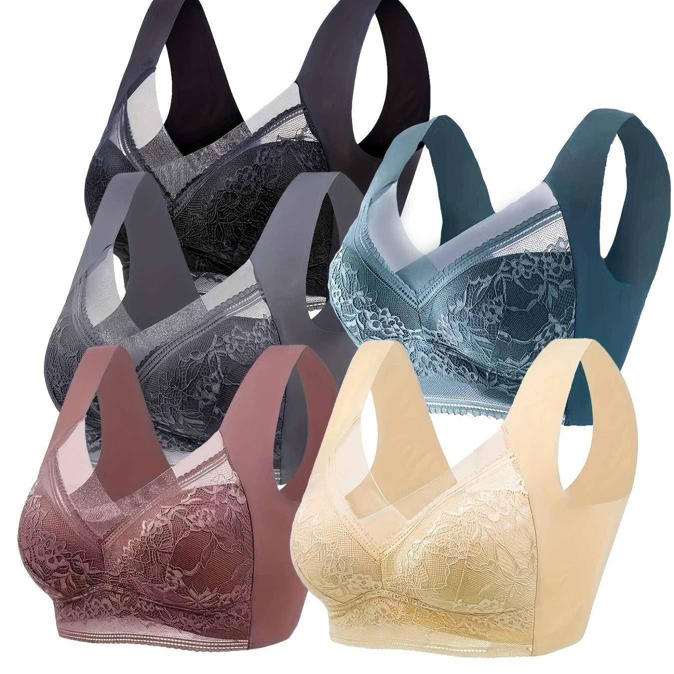 Women's Lace Wireless Push-Up Bras with Contrast Lace, Breathable, Comfortable