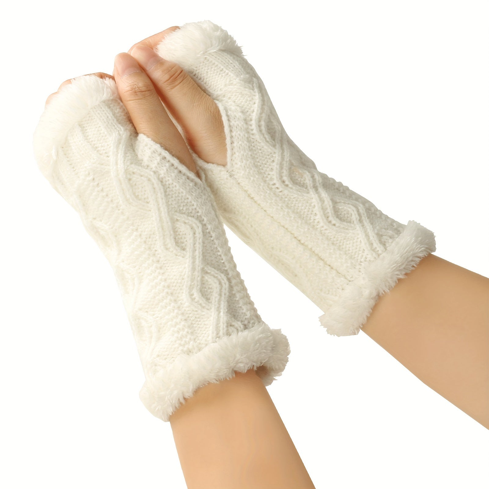 Solid Color Twist Knit Fingerless Gloves with Velvet Lining for Winter Warmth