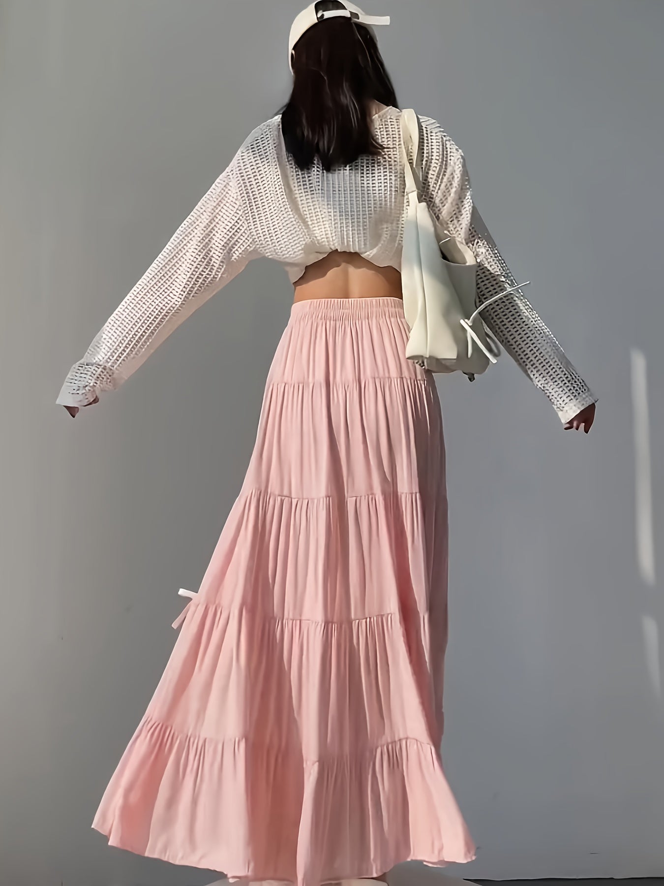 Women's Pastel Pink Tiered Midi Skirt High-Waisted Flowy A-Line