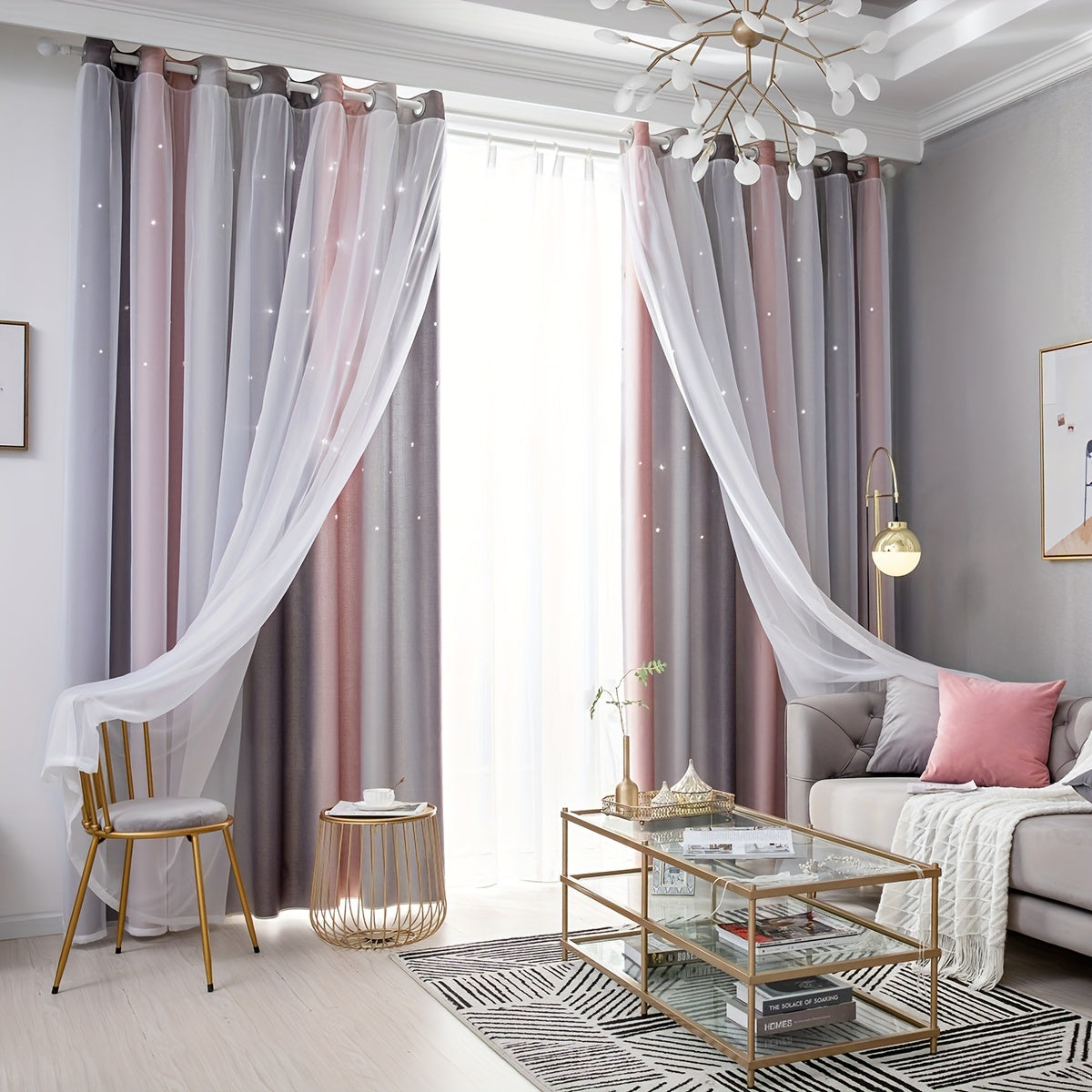Gradient Blackout Curtains for Bedroom and Living Room Star Pattern Window Drapes