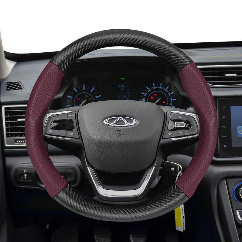 Leather Steering Wheel Cover Carbon Fiber Textured Breathable Black Burgundy Mocha Orange