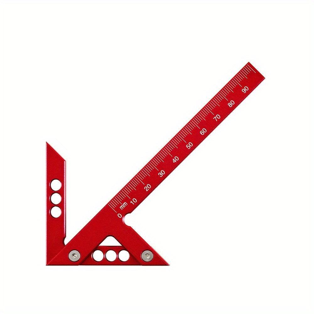 Regla de carpintería de aleación de aluminio azul con centro de marcado y medidas en pulgadas y cm