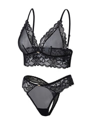 Women's Floral Lace Lingerie Set with Scallop Trim Wireless Bra and Mesh Panties
