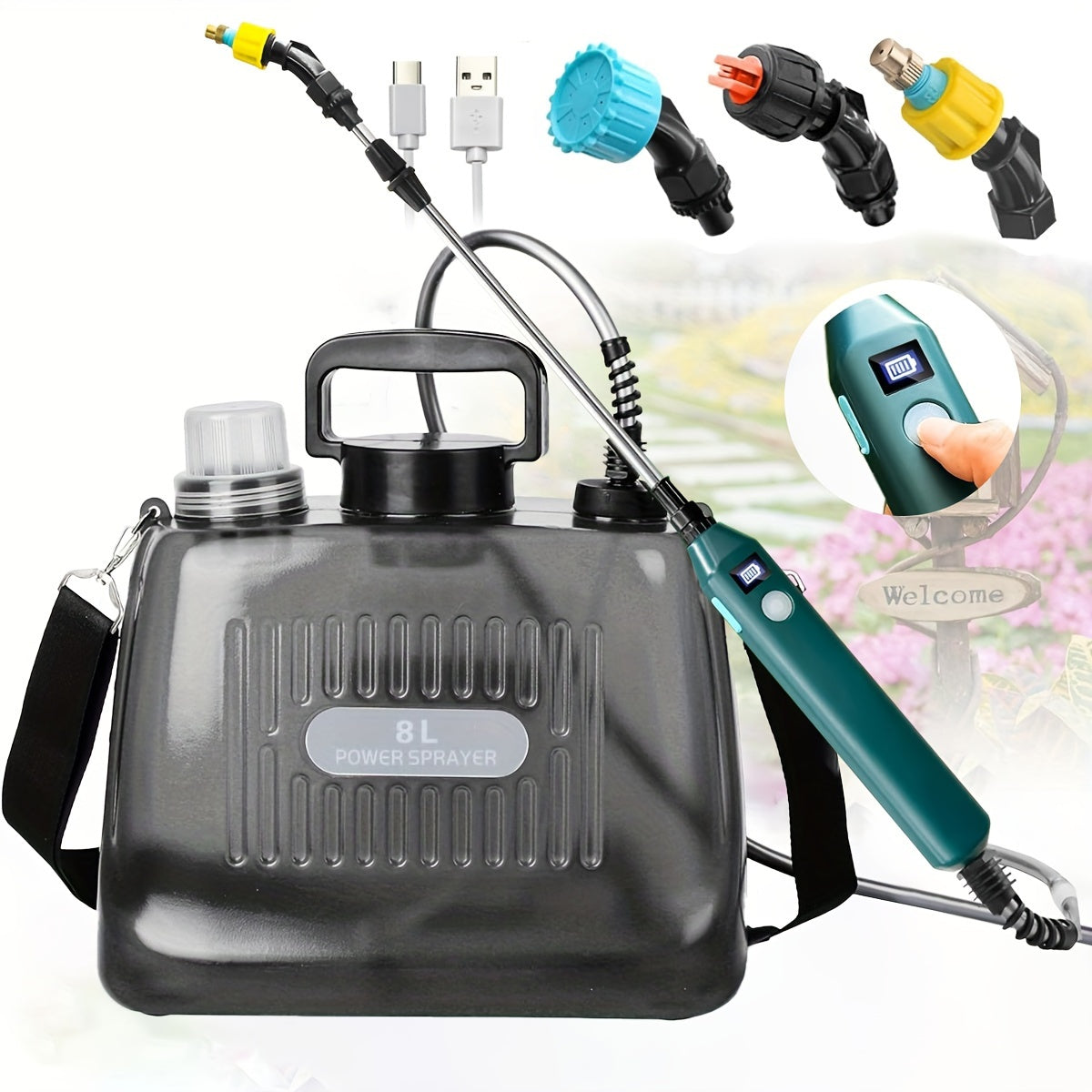 Battery-Powered Garden Sprayer 8L with Mist Nozzles Telescopic Wand Rechargeable Handle