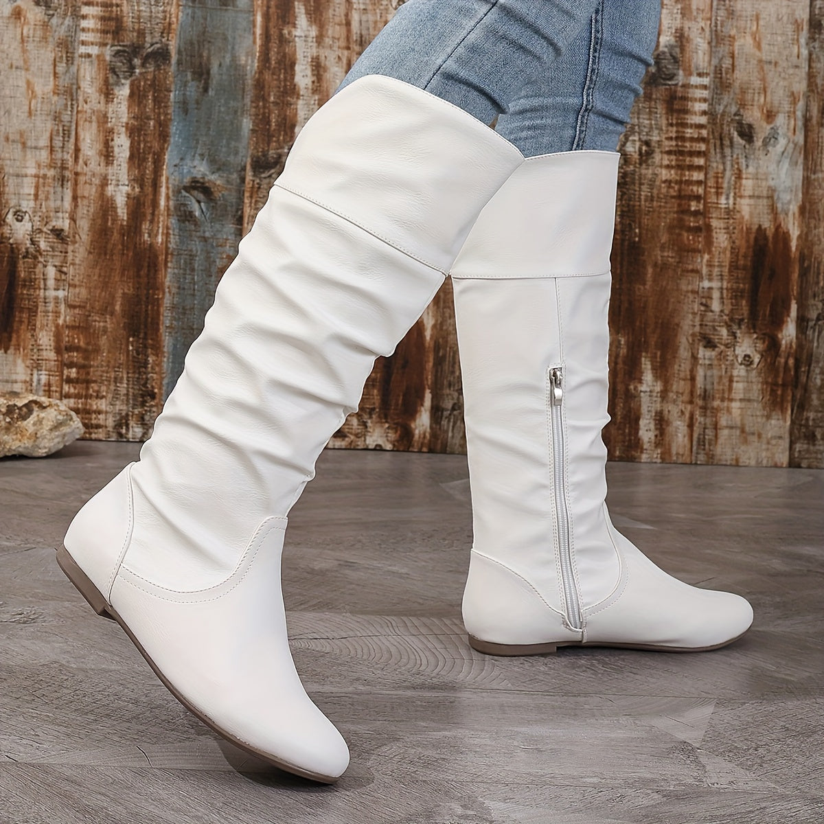 Women's Solid Color Mid-Calf Boots with Side Zipper and Buckle