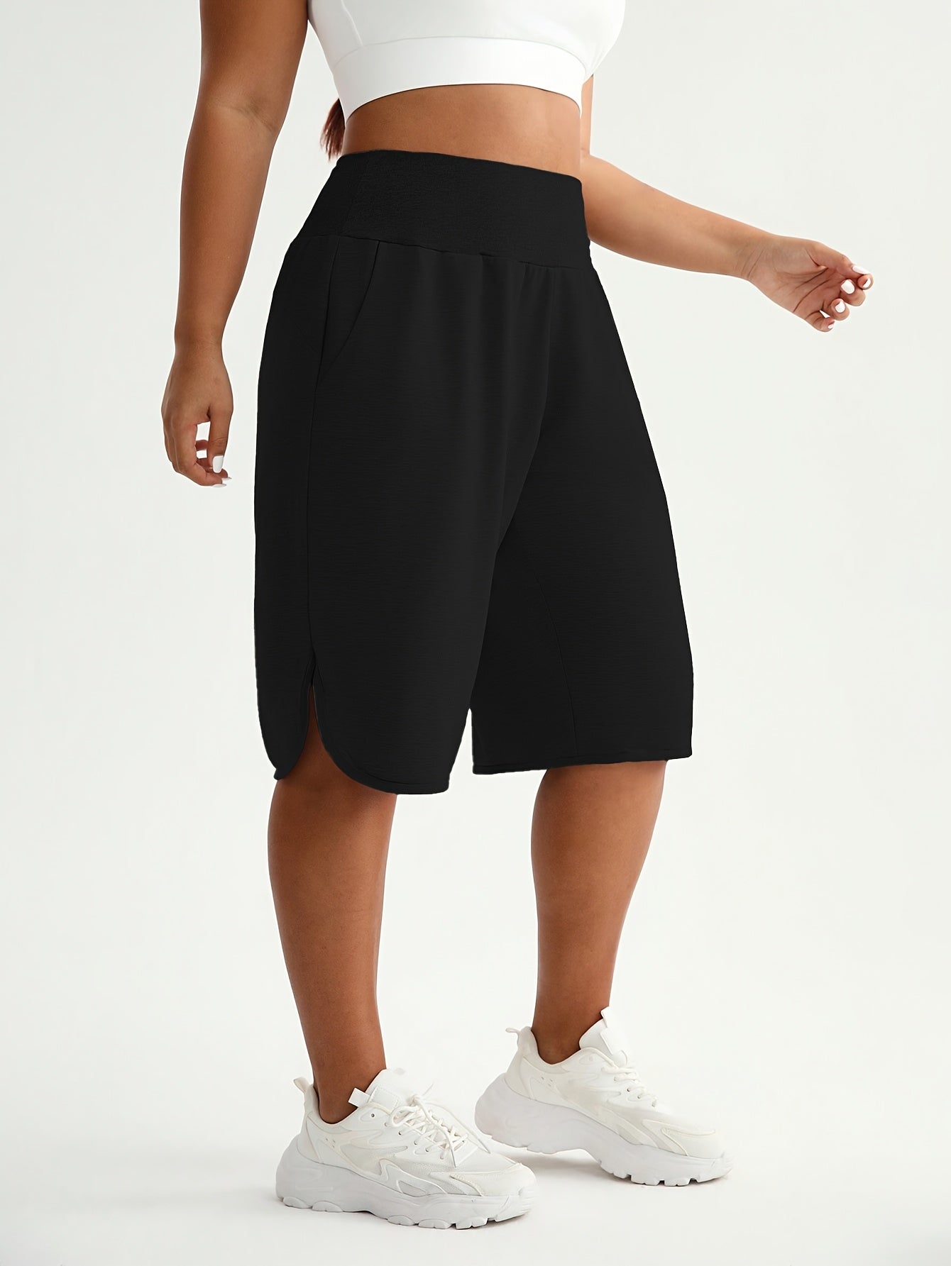 Plus Size High-Waisted Bermuda Shorts Navy Blue Loose Fit Stretchy Fabric