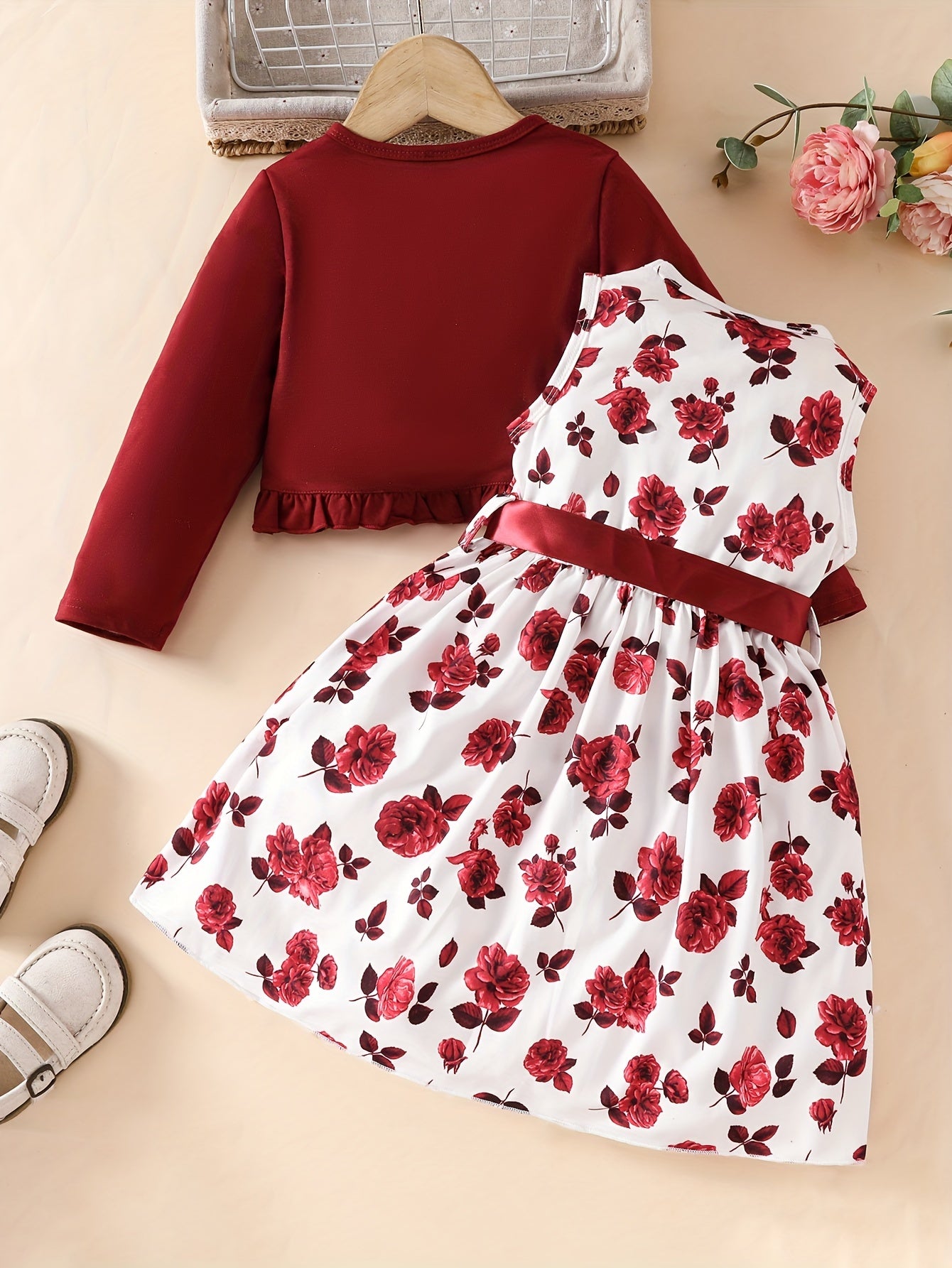 Girls' Floral Lace Jacket and Sleeveless Dress Set for Outdoor Wear