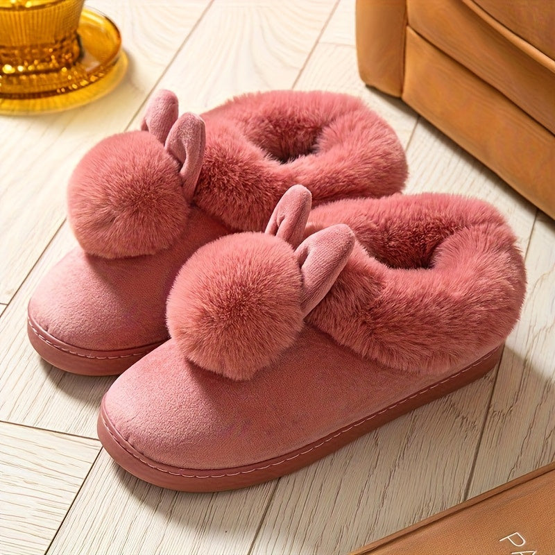 Women's Fleece-Lined Indoor Slippers with Non-Slip Soles and Fluffy Ears
